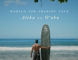 Mahalo for sharing your Aloha on Oahu text over surfer facing the ocean