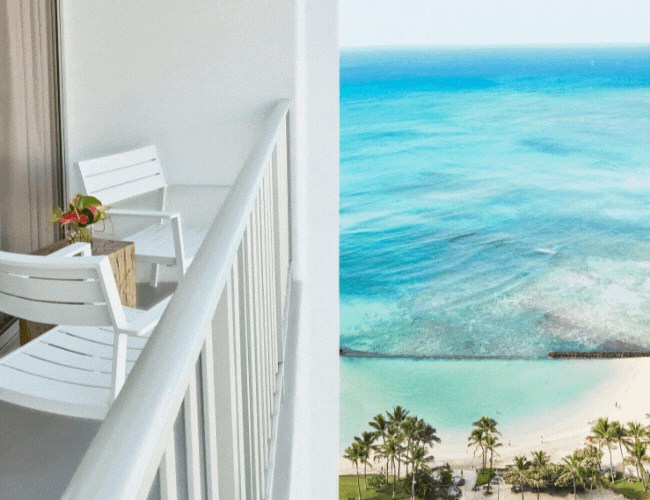 Rotation of images of girl in cabana, cabana with ocean in background and balcony with ocean view