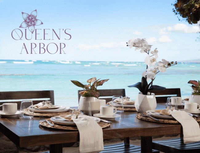 Queen's Arbor rotation of images with ocean front table, setting and food