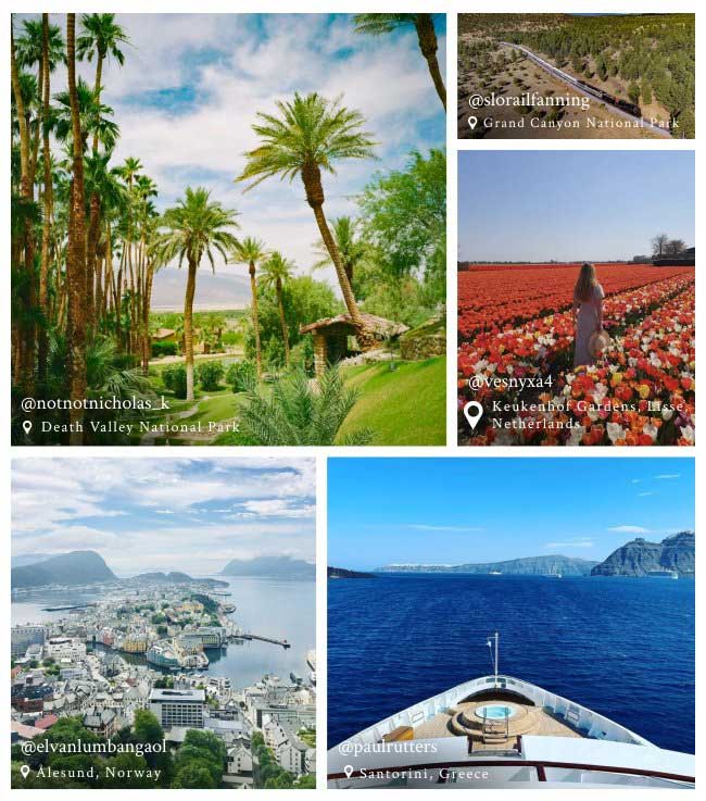Gallery of Instagram photos by: @notnotnicholas_k at Death Valley National Park, @slorailfanning at Grand Canyon National Park, @vesnyxa4 at Keukenhof Gardens, Lisse, Netherlands, @@elvanlumbangaol at lesund, Norway, @paulrutters at Santorini, Greece