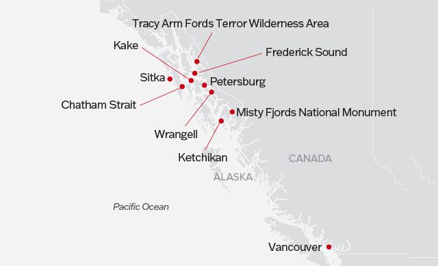 Map highlighting key locations in Alaska and Canada for a cruise itinerary, including Tracy Arm, Sitka, Petersburg, Wrangell, and Misty Fjords, with the final destination in Vancouver.